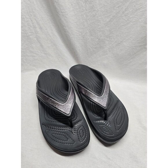 Crocs Shoes Womens Size 9 Sloane Black Silver Comfort Flip Flops Thong Sandals - Picture 2 of 7